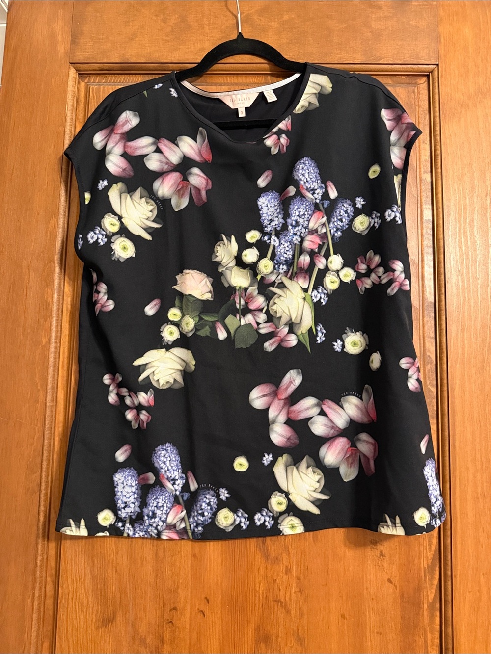 Ted Baker Black Floral Cap-Sleeve Blouse with Pink & Cream Accents